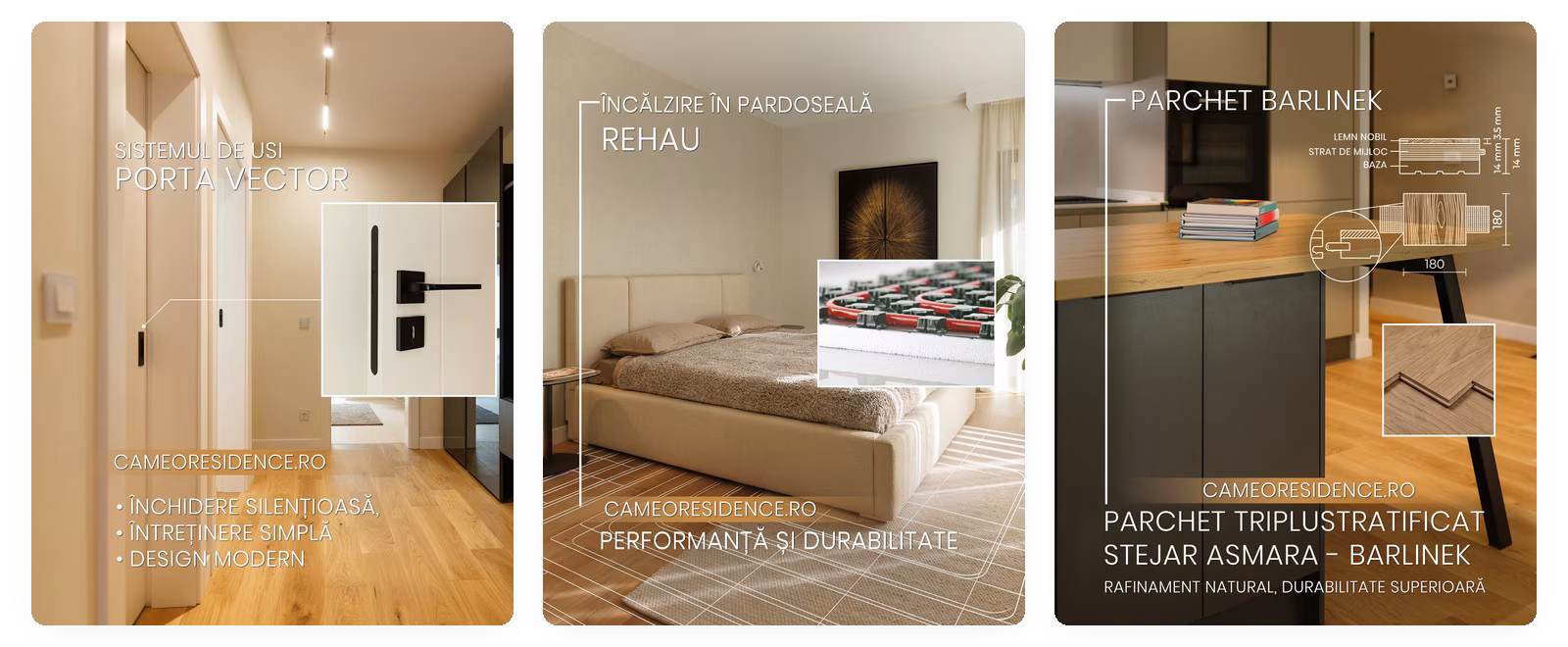 Trei reclame Facebook pentru Cameo Residence, fiecare cu o dotare explicată tehnic