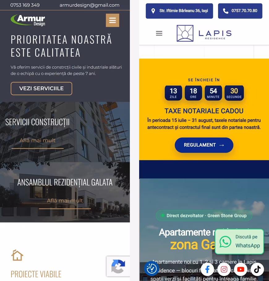 Două site-uri de ansambluri rezidențiale, văzute pe telefon