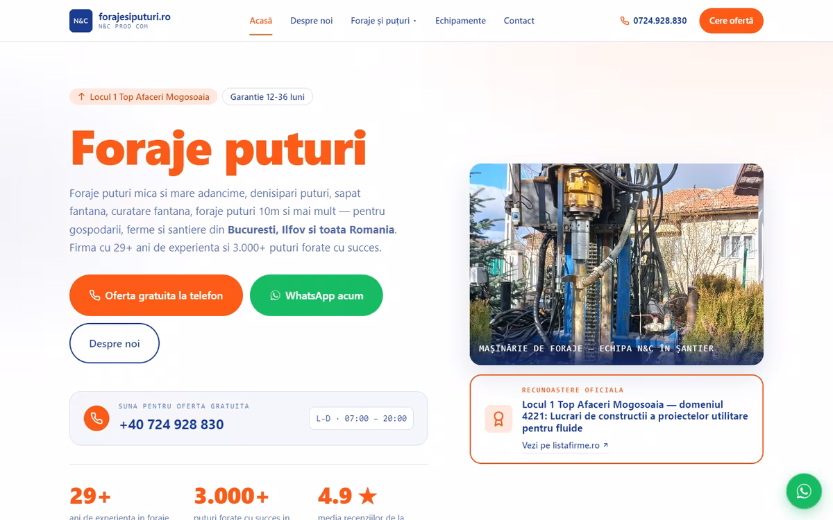 Site pentru firma Foraje și Puțuri din Ilfov, realizat de Visience