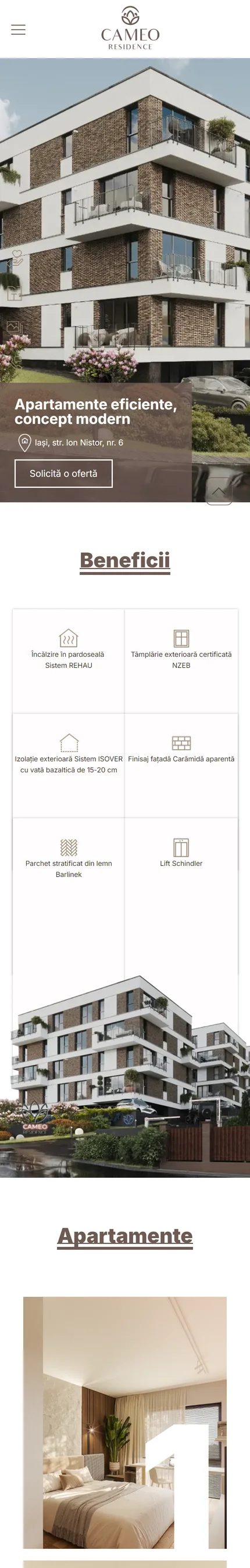 Site-ul Cameo Residence, realizat de Visience, văzut pe telefon